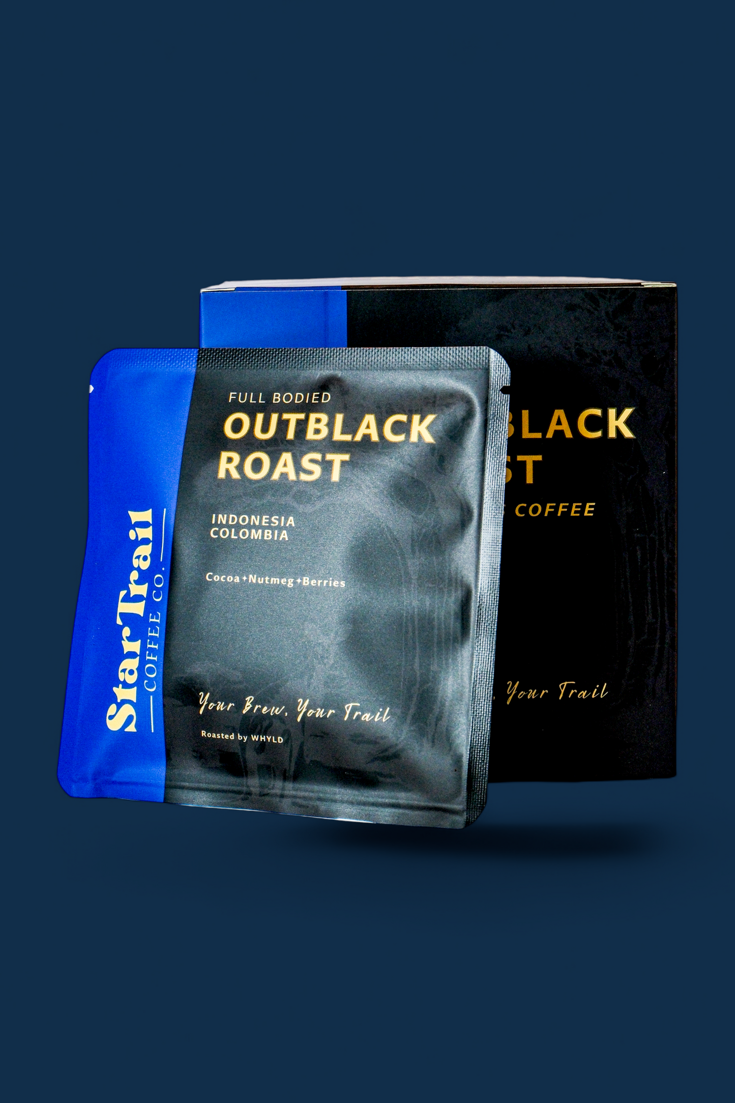 Star Trail Outblack Roast coffee package on a dark blue background
