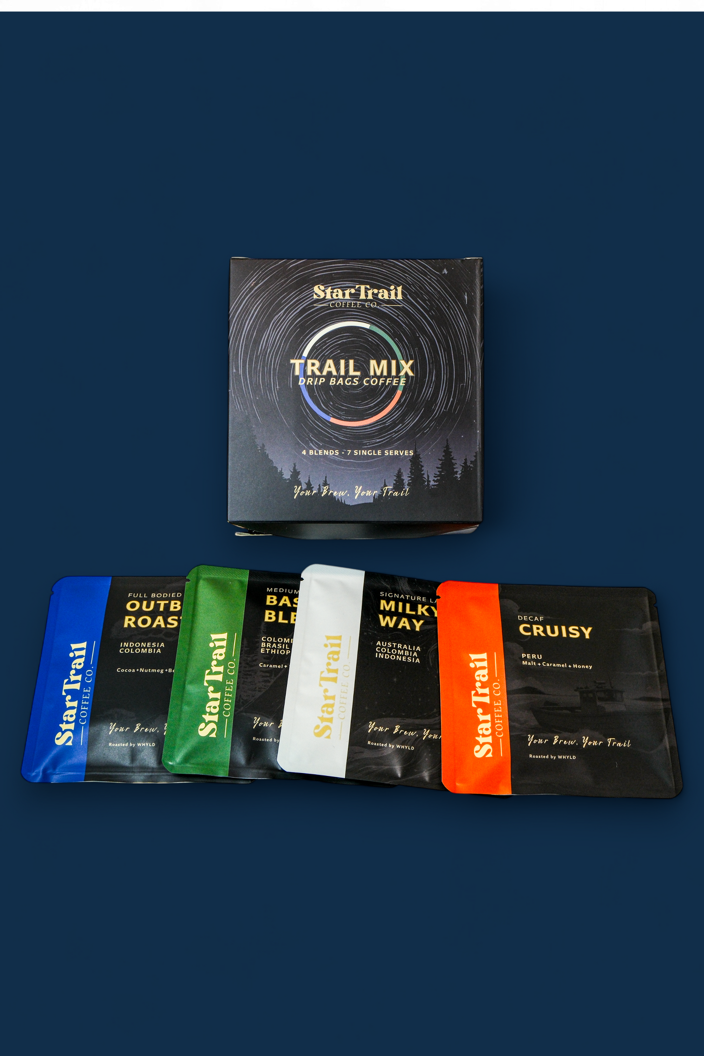 Star Trail trail mix packaging on a dark blue background