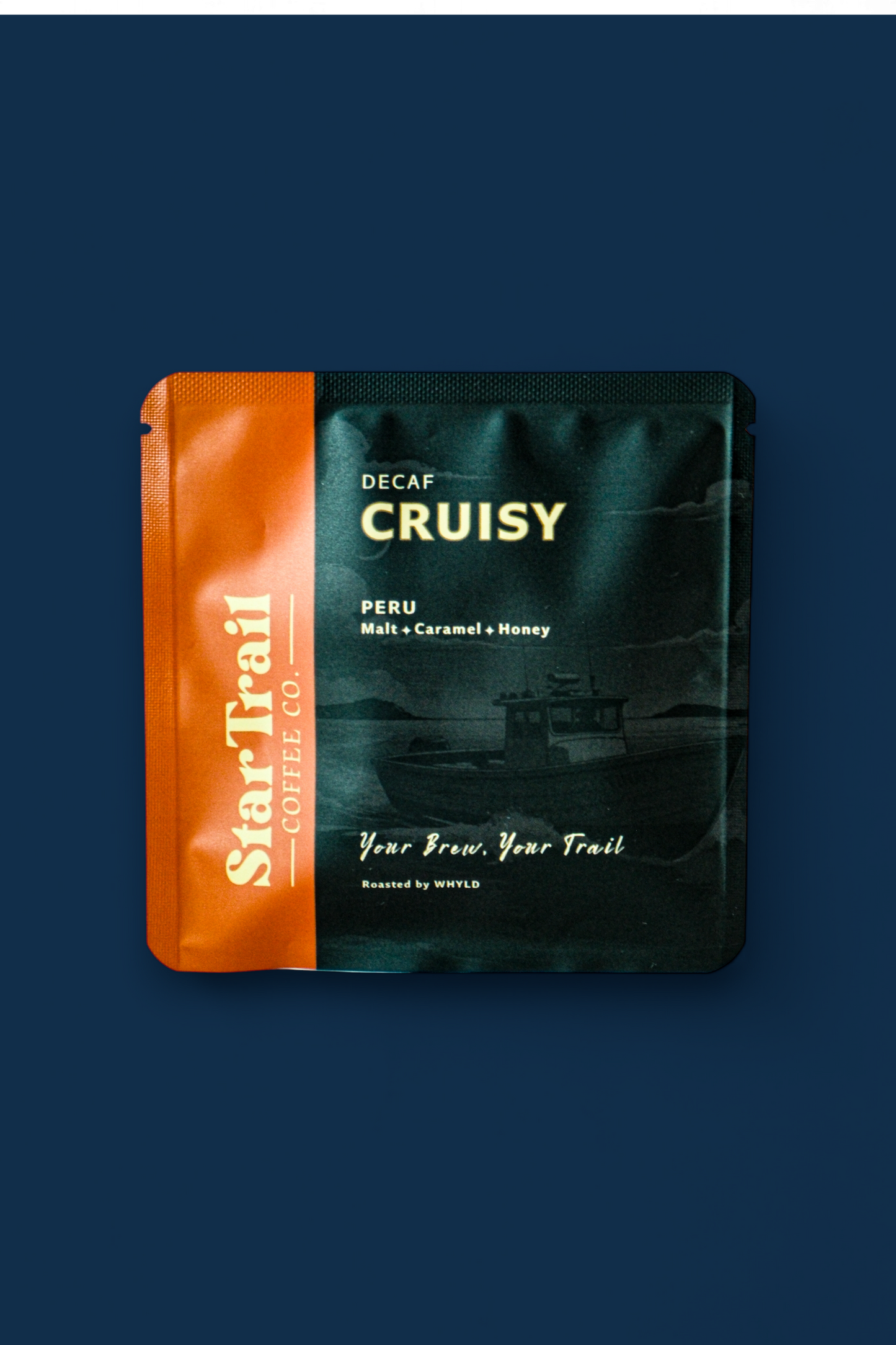 Decaf Cruisy Peru coffee package on a dark blue background