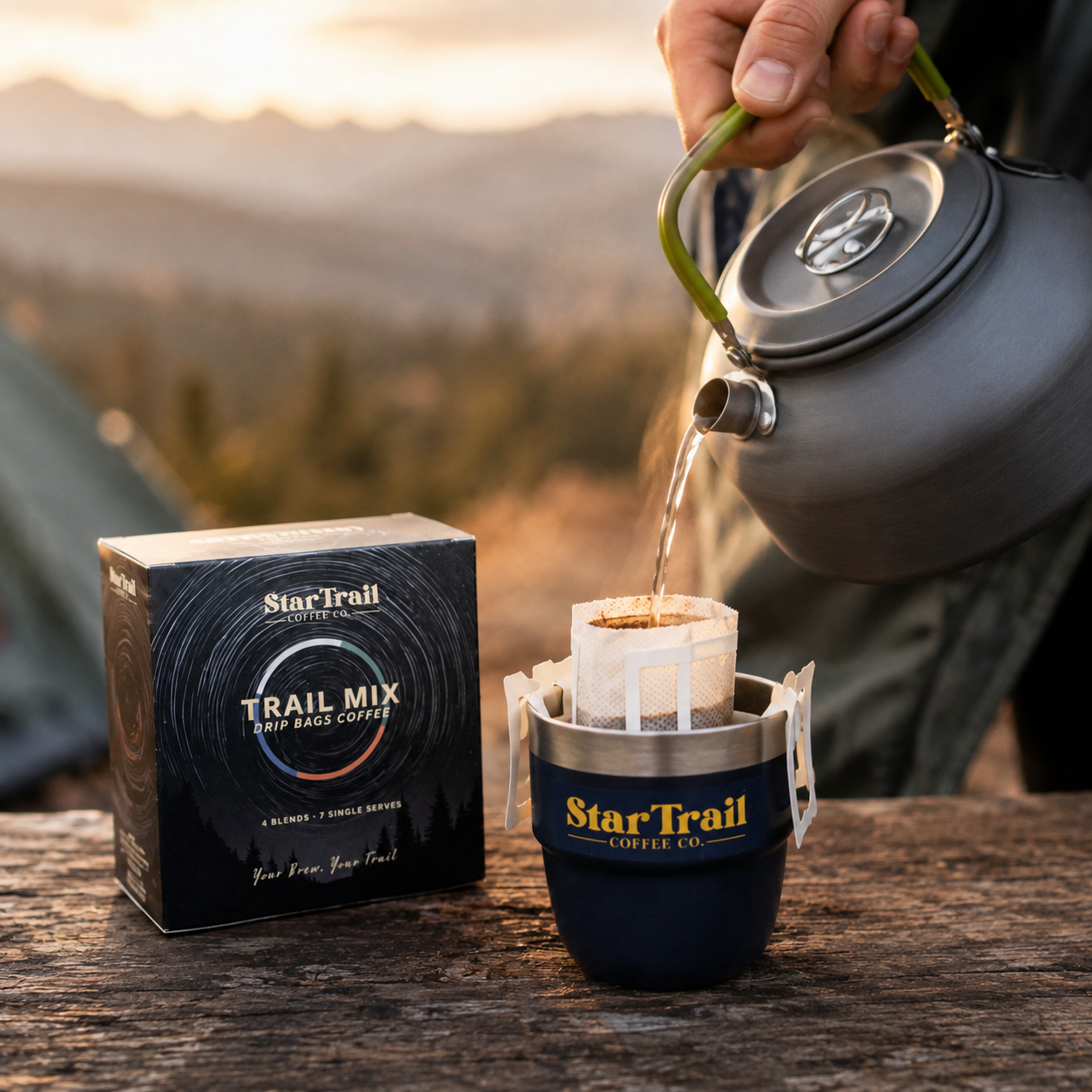 Brewing StarTrail Trail Mix drip bag coffee outdoors using the Camping Coffee Kit kettle and Adventure Cup