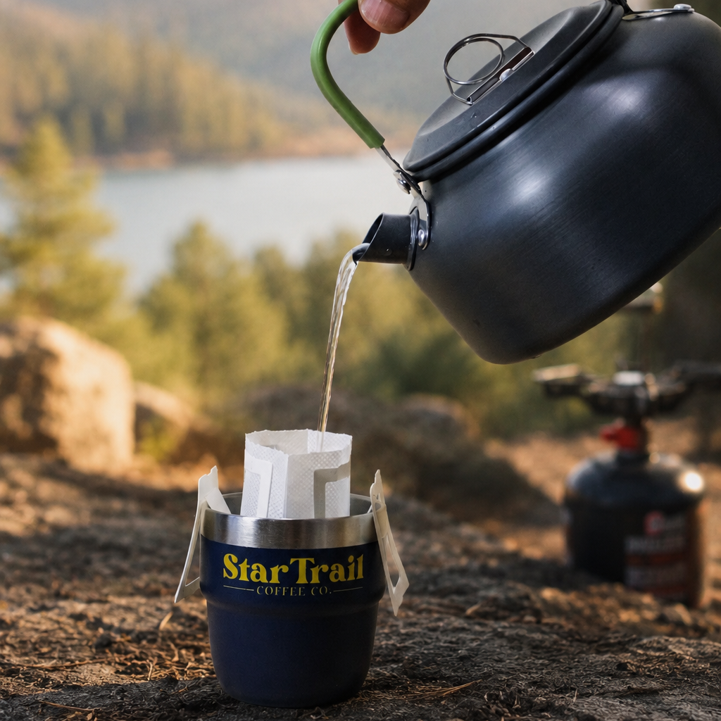 A hand pours hot water from a dark gray kettle into a Star Trail coffee dripper set in a camping environment with a mountain and lake background.
