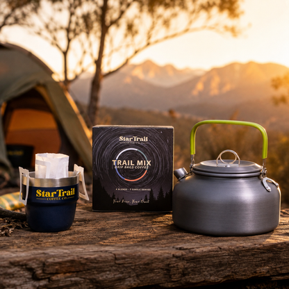 StarTrail Camping Coffee Kit with kettle, Adventure Cup and Trail Mix coffee at an outdoor campsite