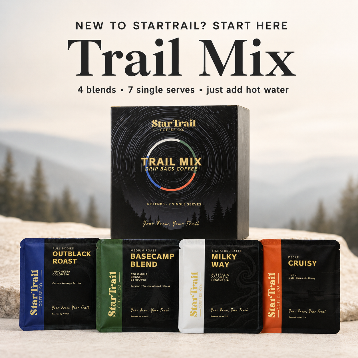 Trail Mix camping coffee drip bag sampler, 7-pack