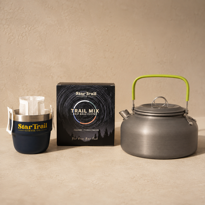 StarTrail Camping Coffee Kit including 800ml kettle, Adventure Espresso Cup and Trail Mix drip bag sampler
