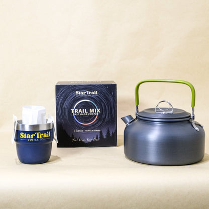 Star Trail brand products including a kettle, tumbler, and trail mix box on a beige background
