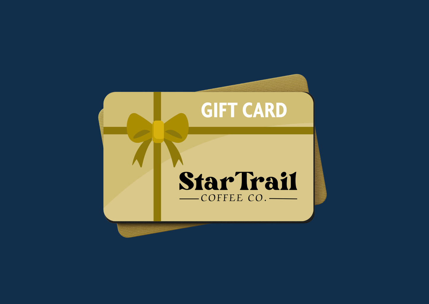 Star Trail Coffee Co. gift card with a yellow bow on a dark blue background