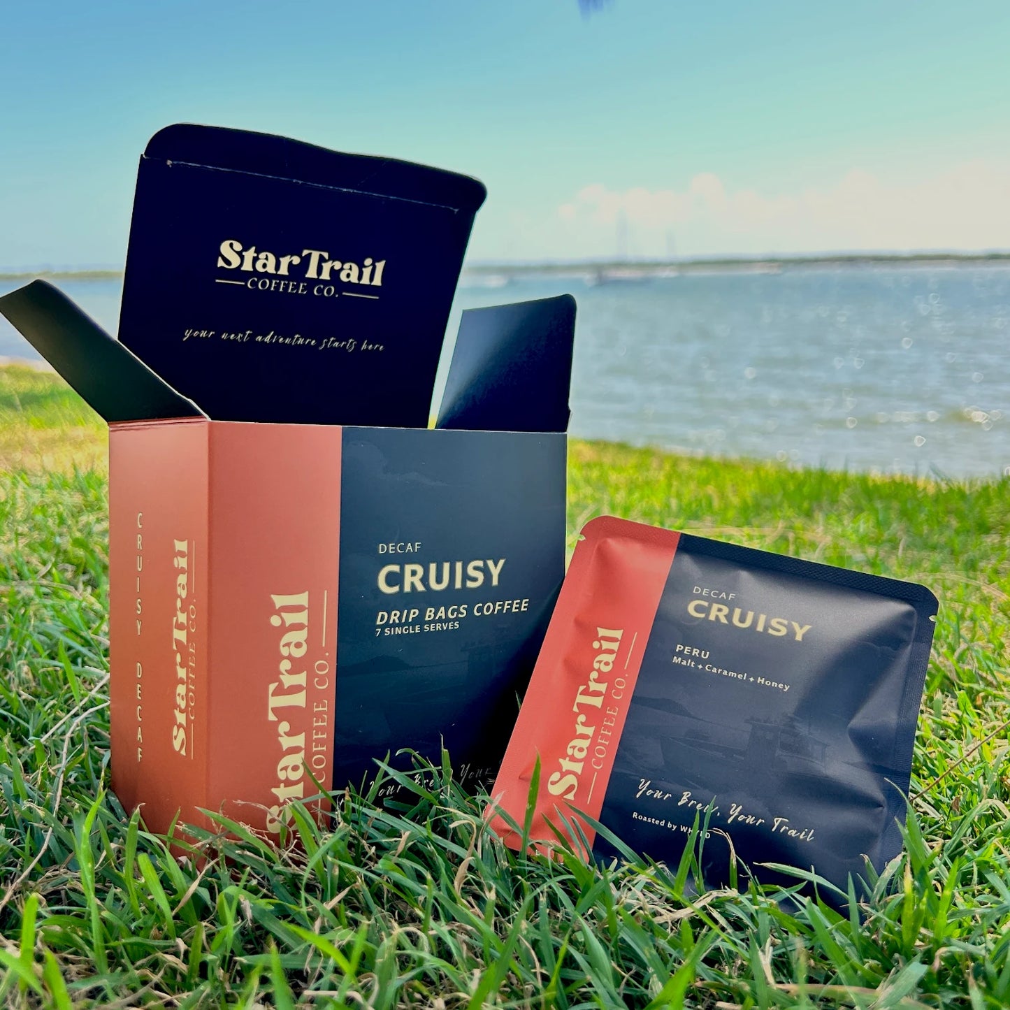 Cruisy decaf on grassy and ocean background 