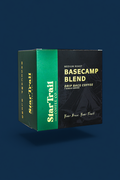 Star Trail Coffee Co. Basecamp Blend coffee packaging on a dark blue background