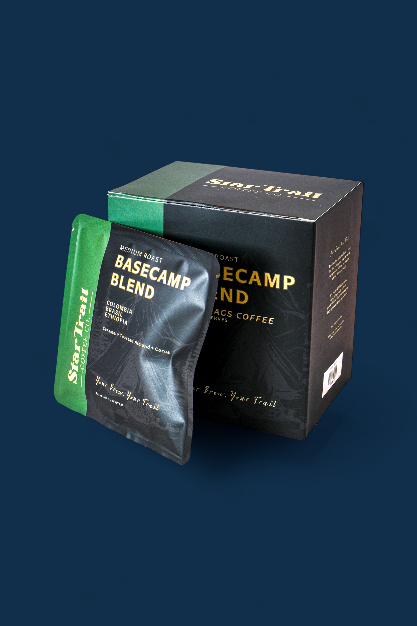 Starrett Basecamp Blend coffee packaging on a dark blue background