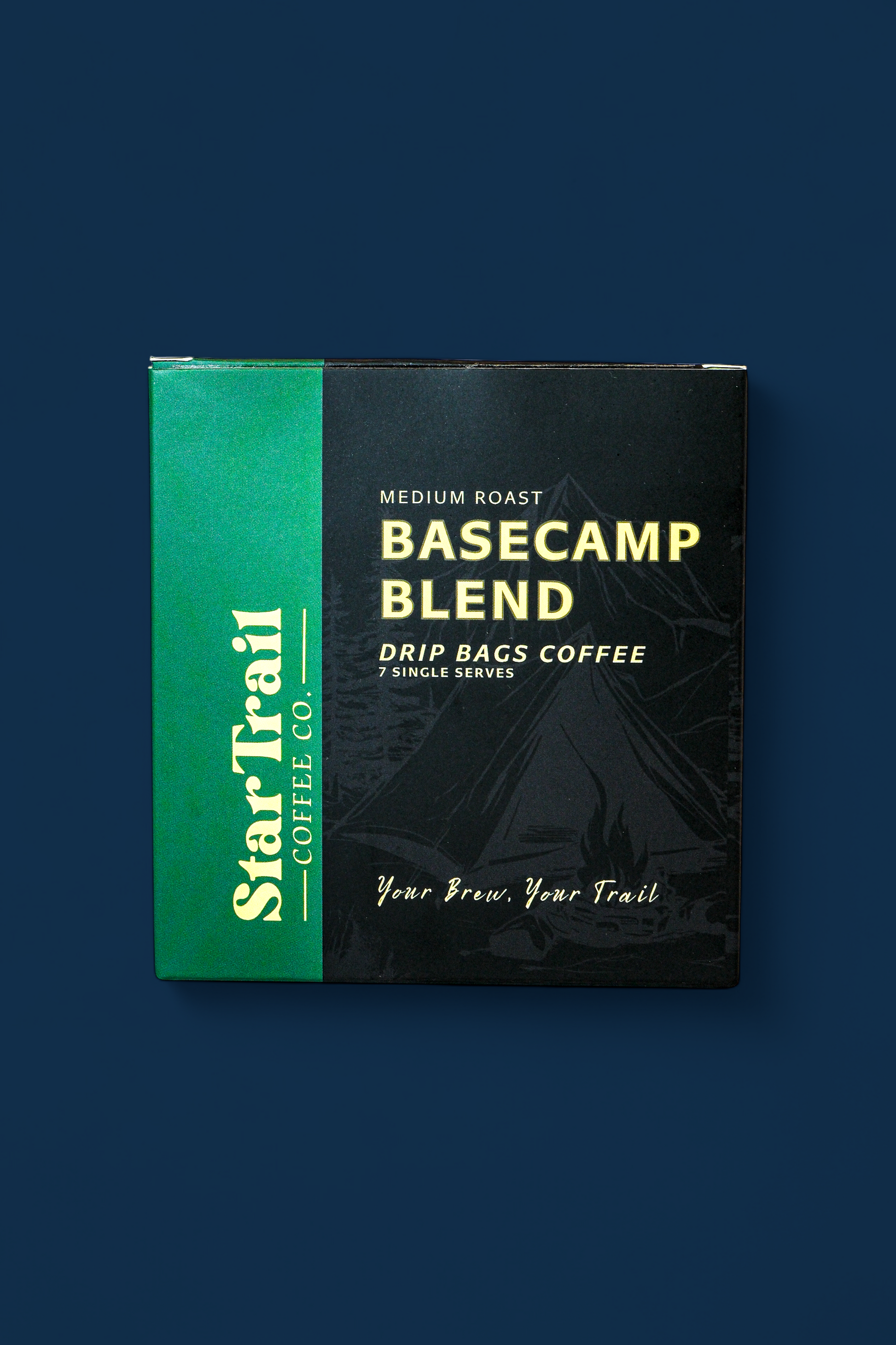 Star Trail Basecamp Blend coffee package on a dark blue background
