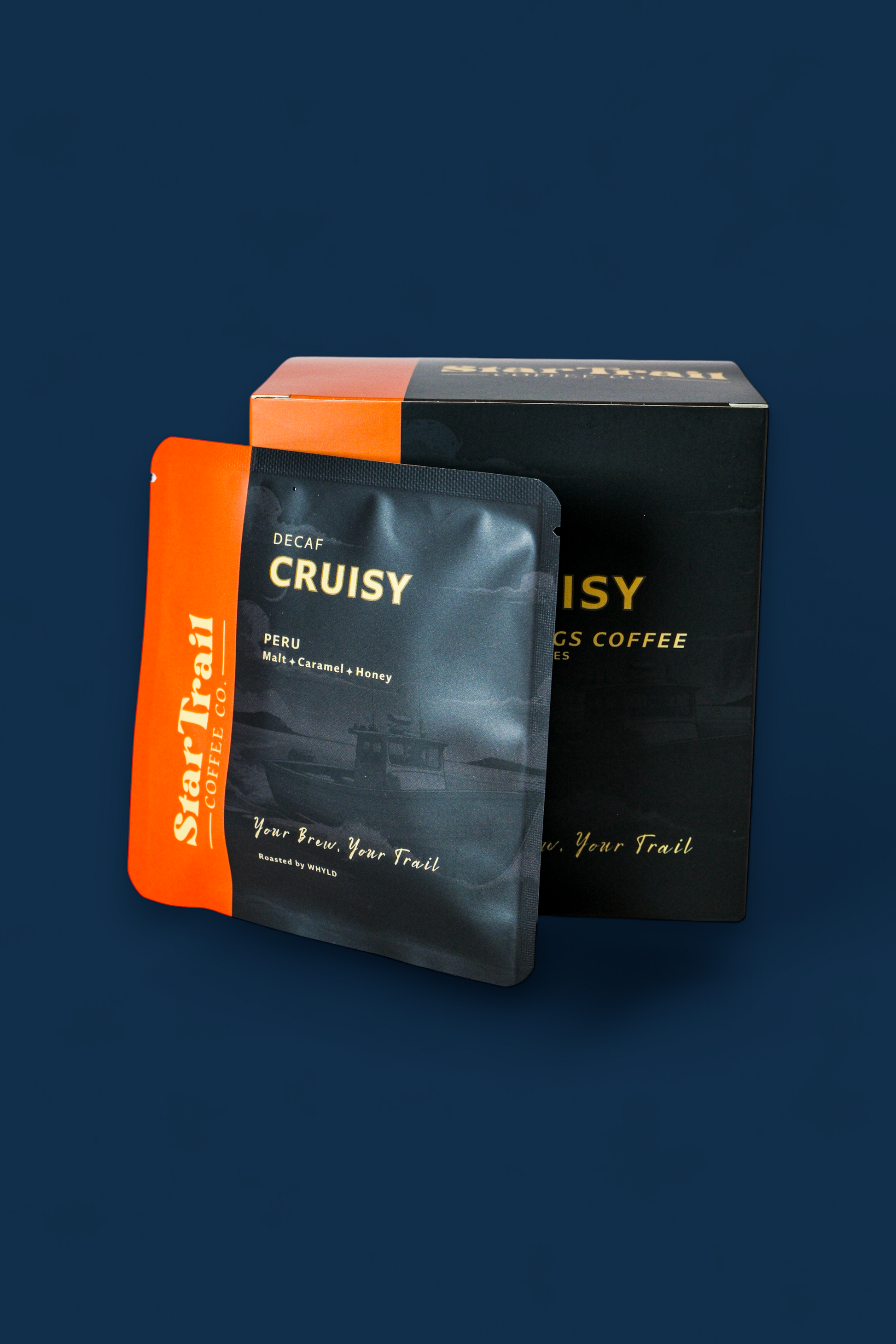 StarTrail Cruisy coffee package on a dark blue background
