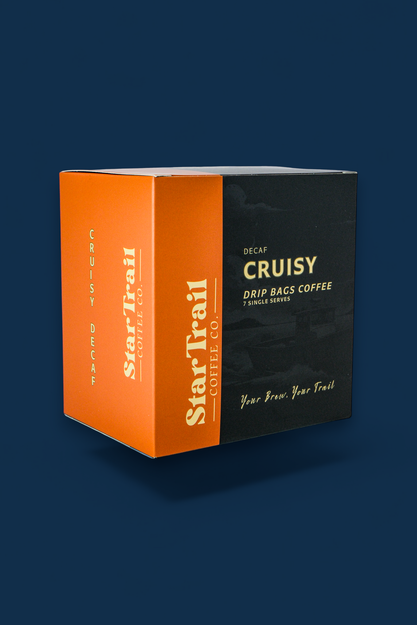 Star Trail Coffee Co. decaf Cruisy drip bags coffee packaging on a dark background