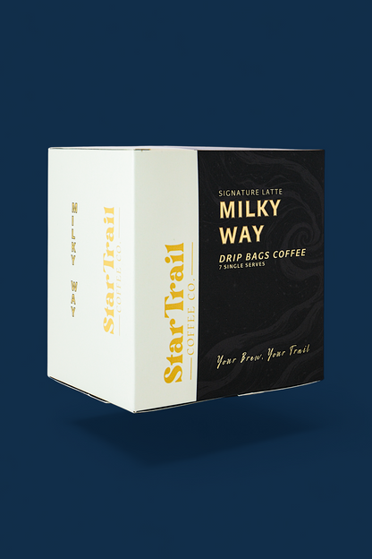 Star-Trail Milky Way drip bags coffee packaging on a dark blue background