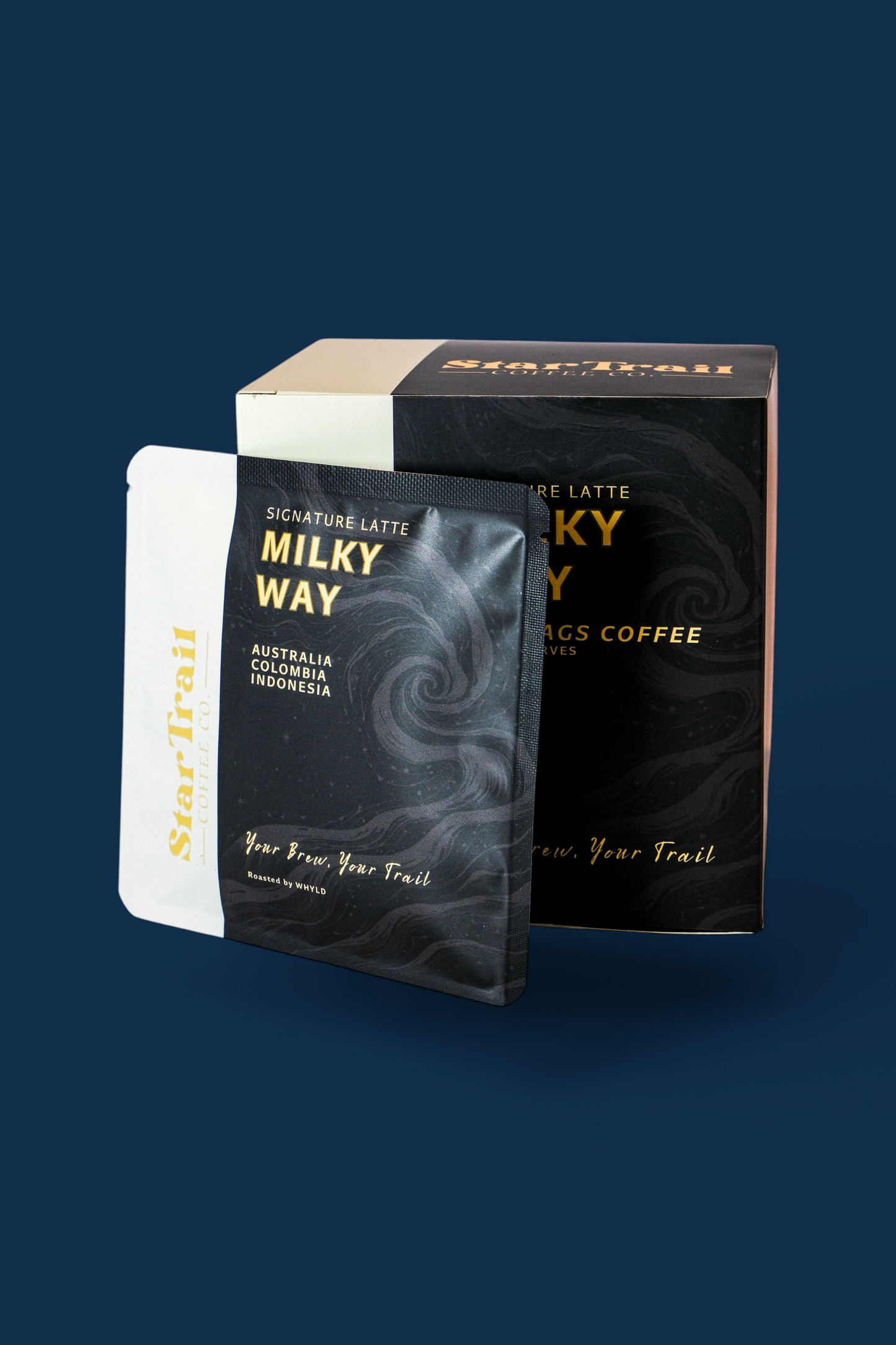 Two coffee packages labeled 'Milky Way' on a dark background