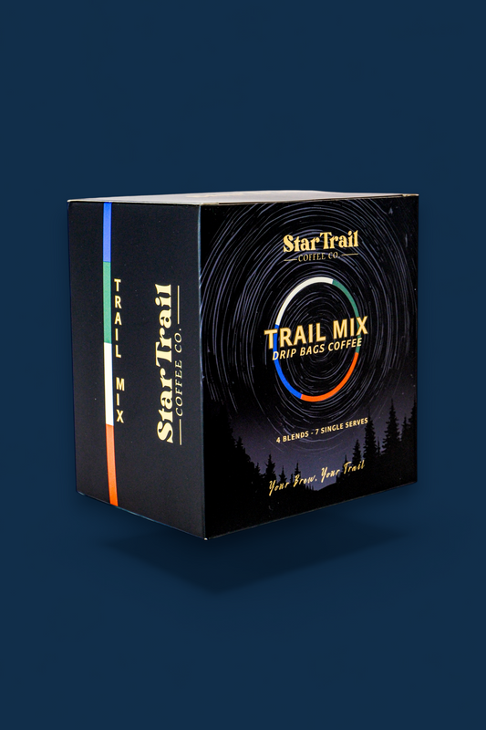 Star Trail Trail Mix Drip Bags Coffee packaging on a dark blue background