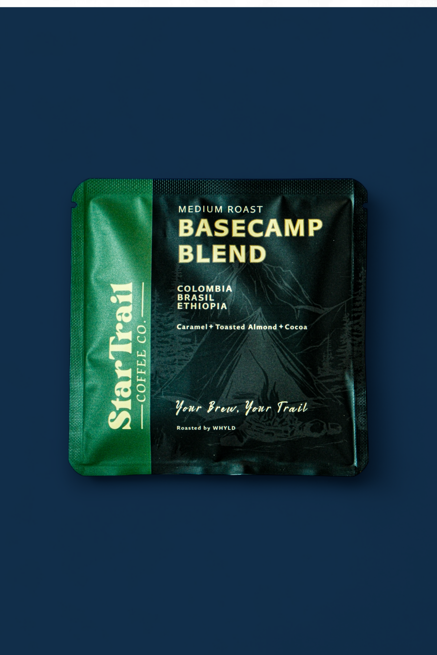 Startrail Basecamp Blend coffee package on a dark blue background