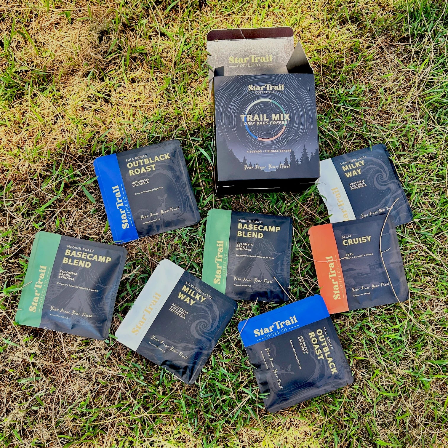Star Trail trail mix packets on grass